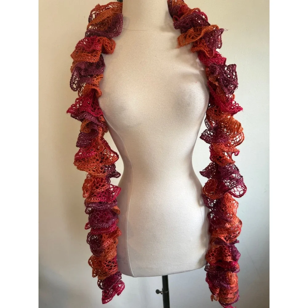 Handmade Crochet Ruffle Scarf Sunset Red Orange Metallic Shimmer Whimsigoth Boho